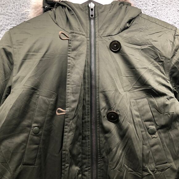 Theory Puffer Down Parka Military Coat Mens Medium Full Zip Coyote Fur Trim Hood - Picture 7 of 12